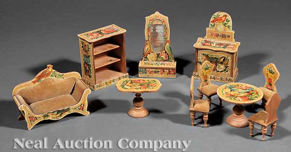 A Suite of Antique Decoupage Doll Furniture