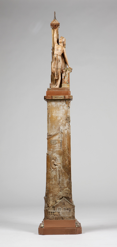 A polychrome ceramic lamp and pedestal 142351