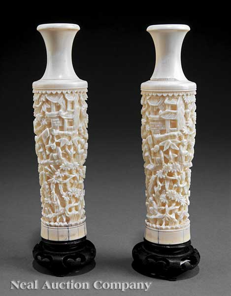 A Pair of Chinese Ivory Vases tapering 1408ab