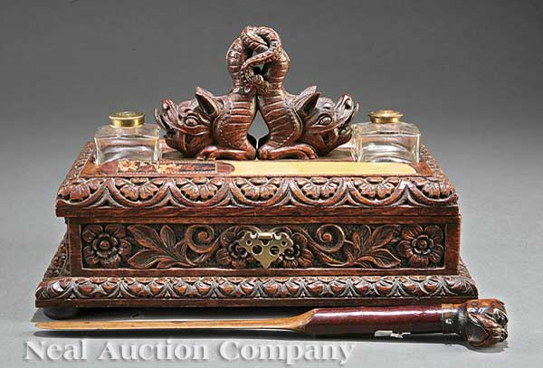 An Antique English Carved Oak Inkstand