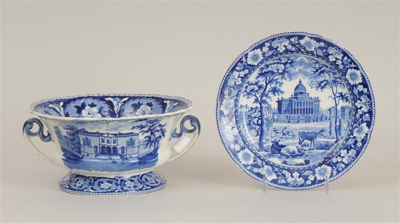 J&W RIDGWAY BLUE TRANSFER-PRINTED TWO-HANDLED