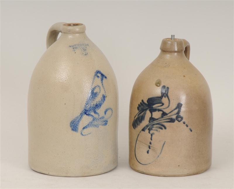 TWO STONEWARE JUGS With underglaze blue