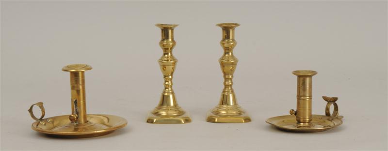 TWO ENGLISH BRASS CHAMBER CANDLESTICKS 140b1c