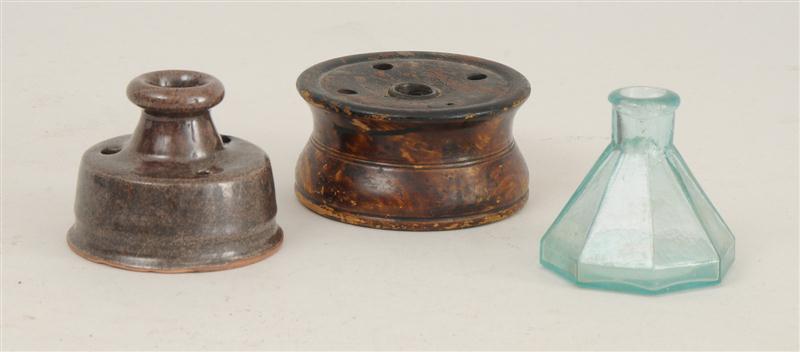 THREE INKWELLS One tortoiseshell stained