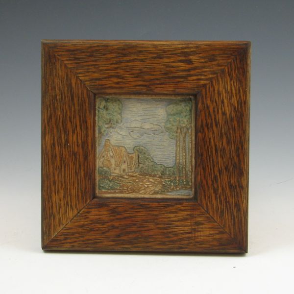 Claycraft scenic tile in wood frame.