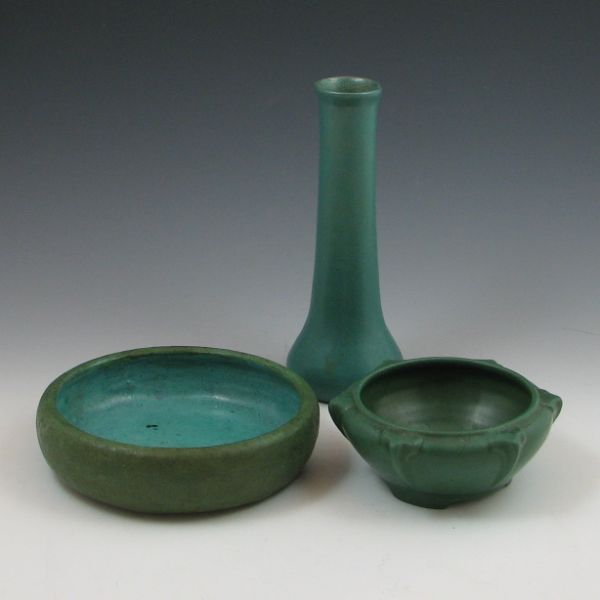 Three pieces of matte green pottery