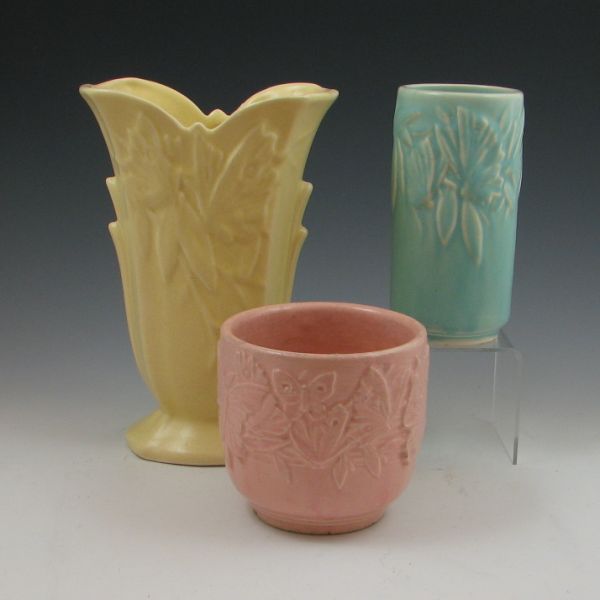 Two McCoy Butterfly vases and jardiniere.