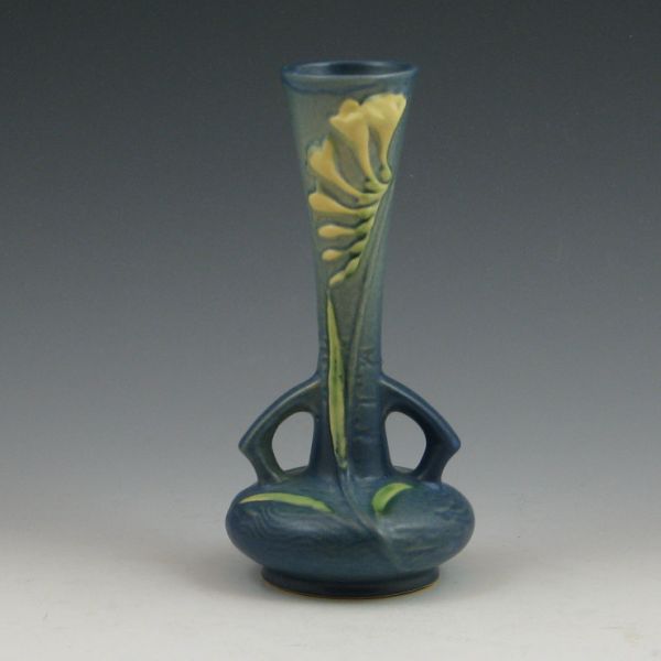 Roseville Freesia bud vase in blue.