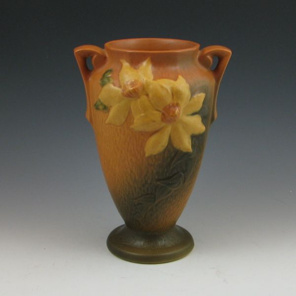 Roseville Clematis handled vase in brown.