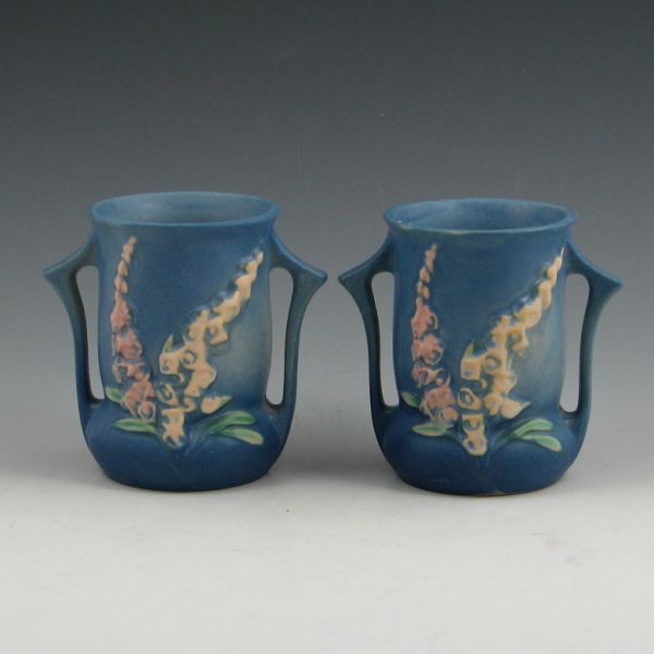 Two blue Roseville Foxglove vases.
