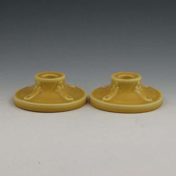 Pair of matte yellow Rookwood candleholders 144593