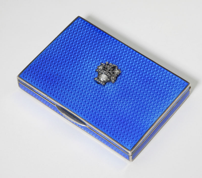 Silver with blue guilloche enamel topped