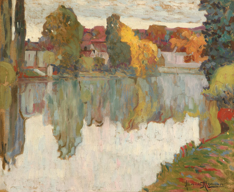 Houses Along a River oil on canvas 18.25