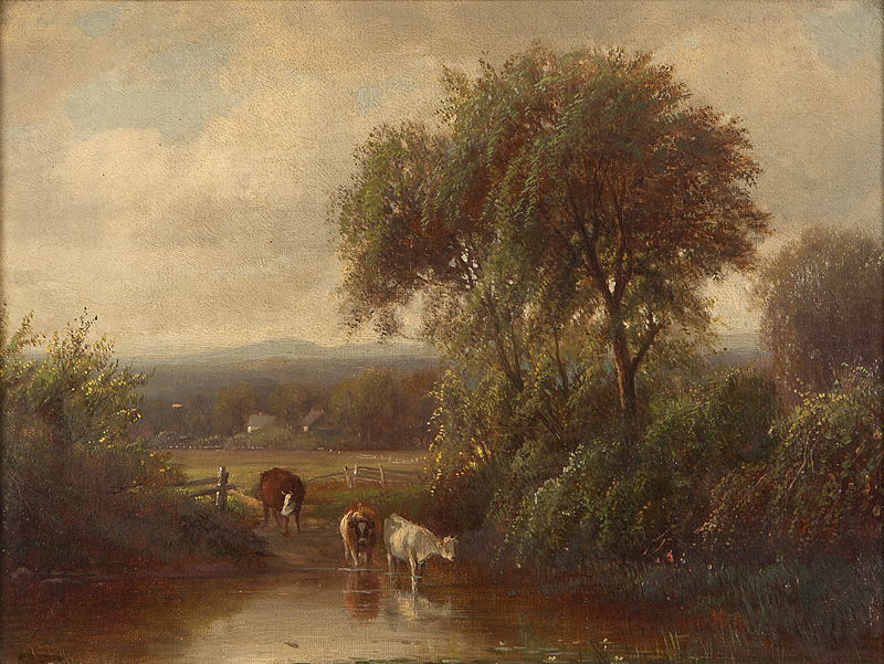 Cows watering in a landscape oil