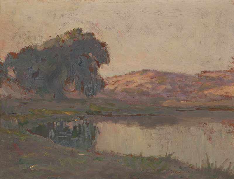 Landscape with lake and trees at sunset
