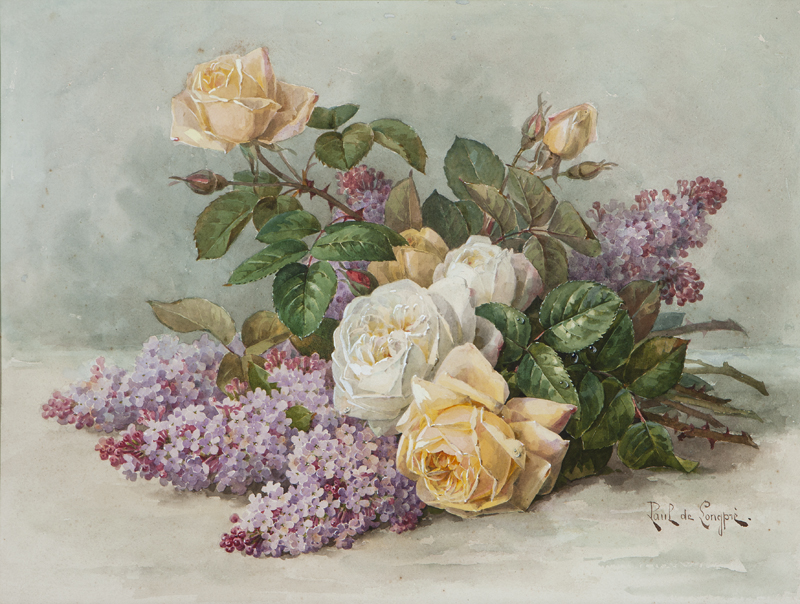 Still life with yellow roses and lilacs