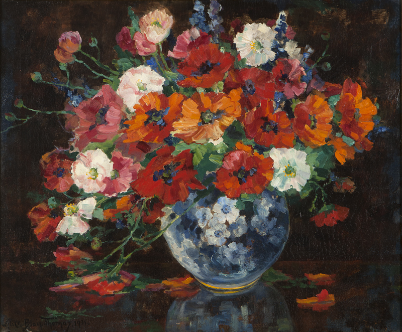 Floral arrangement in a blue vase oil