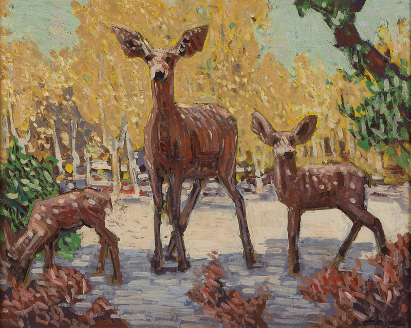 Deer in an autumn forest oil on masonite.
