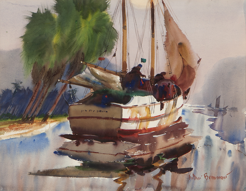 Fishing boat watercolor and gouache