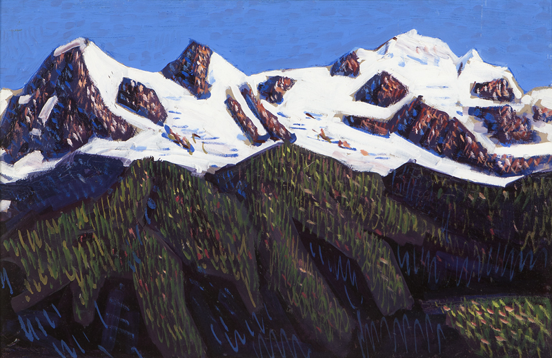 Snow-capped mountain oil on board.