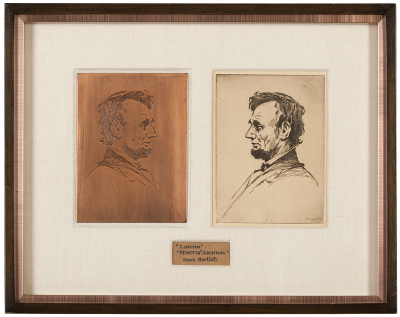 Lincoln etching on paper under glass.