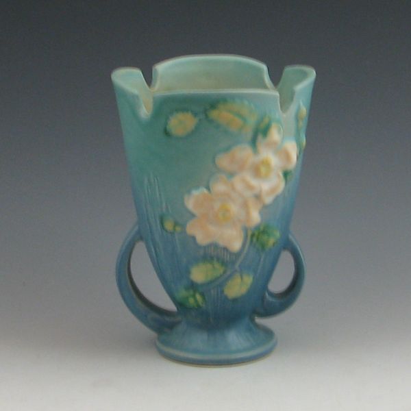 Roseville White Rose vase in blue  142d7a