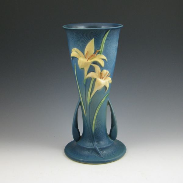 Roseville Zephyr Lily vase in blue.