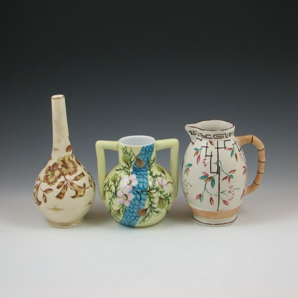 3 ca. 1900 hand decorated pieces; pitcher