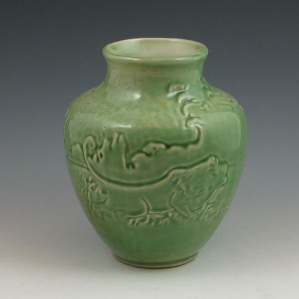 Red Wing vase in gloss green with lions.
