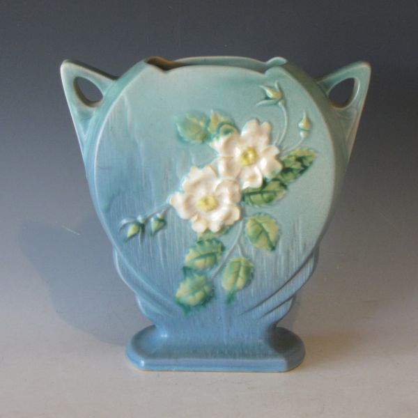 Roseville White Rose vase in blue  14331a