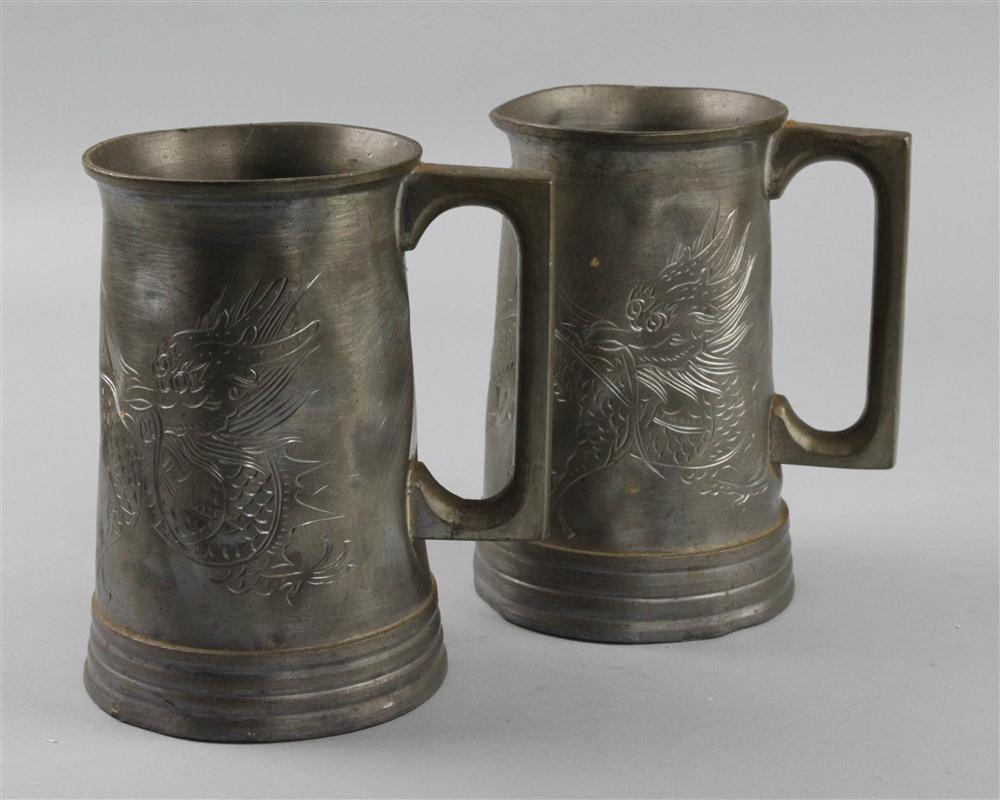 TWO ORIENTAL PEWTER MUGS with glass