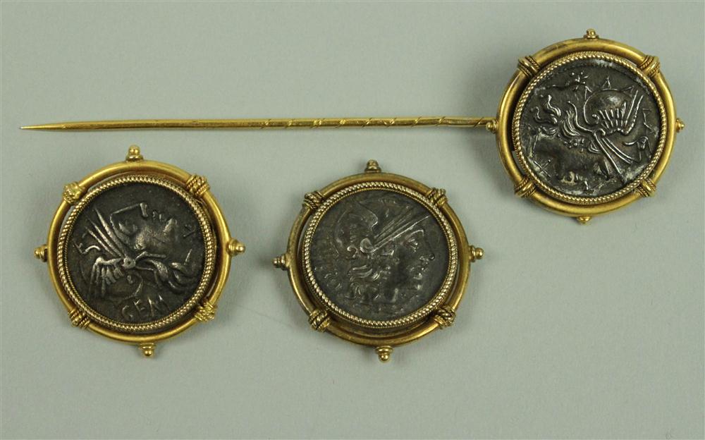 THREE BRONZE COIN EARRINGS AND 145b7a