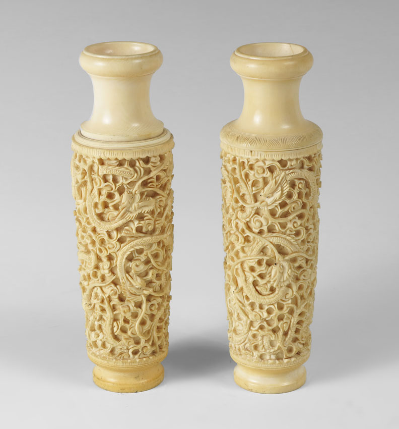 PAIR CHINESE CARVED IVORY VASES: