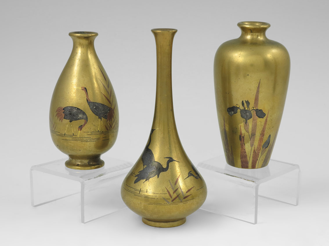 3 MINIATURE JAPANESE BRONZE VASES: