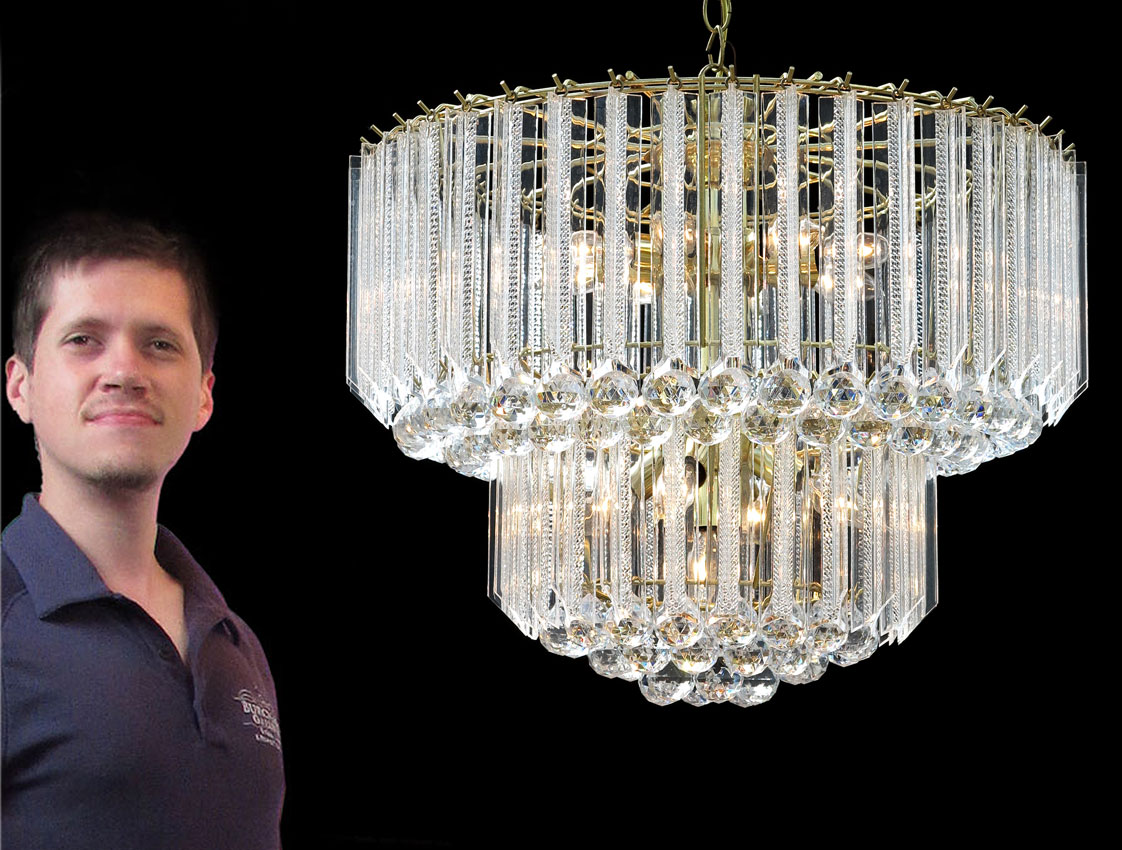 LUCITE AND BRASS TIERED CHANDELIER: