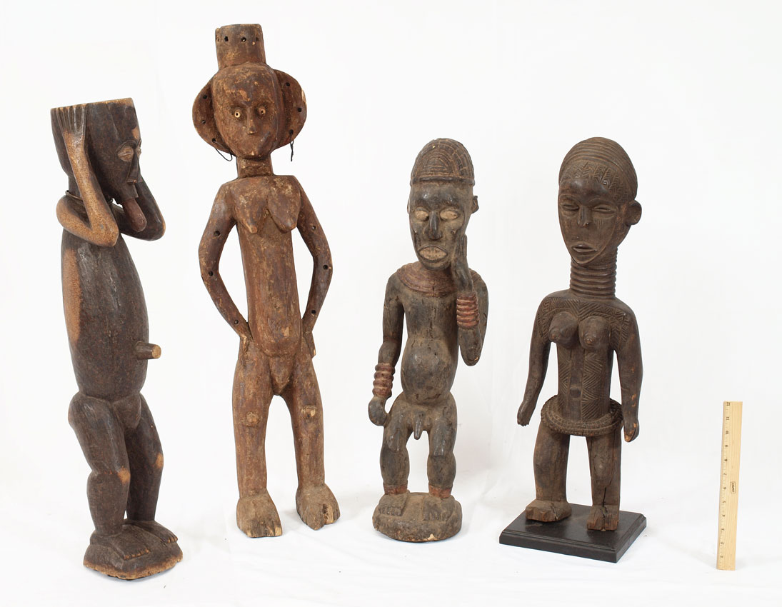 4 MIXED CARVED AFRICAN FIGURES: