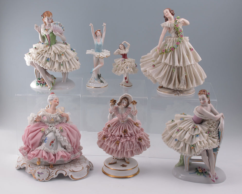 GROUP OF 6 GERMAN LACY FIGURINES: