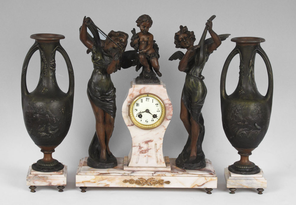 FRENCH FIGURAL MARBLE CLOCK GARNITURE