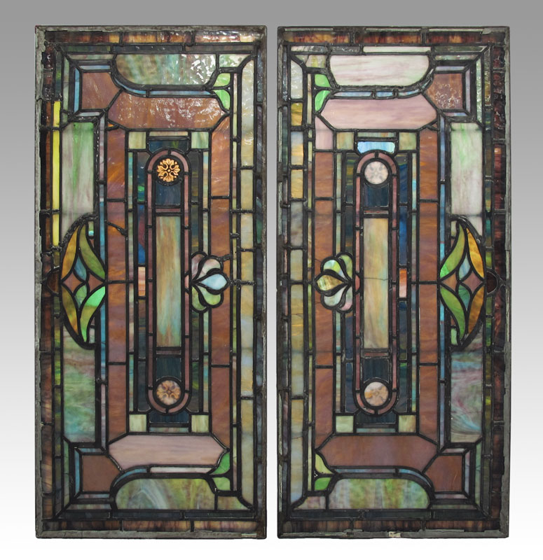 PAIR OF ARCHITECTURAL LEADED STAINED