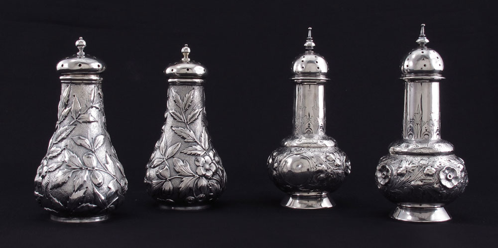 4 PC STERLING REPOUSSE SALT AND