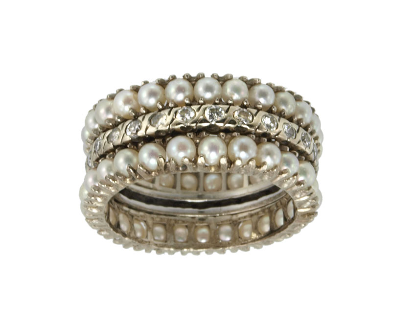 THREE 14K PEARL AND DIAMOND BANDS  145fce