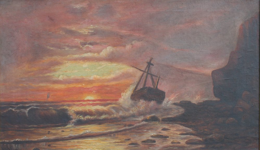 19TH C SHIPWRECK AT SUNSET OIL CANVAS  145fc8