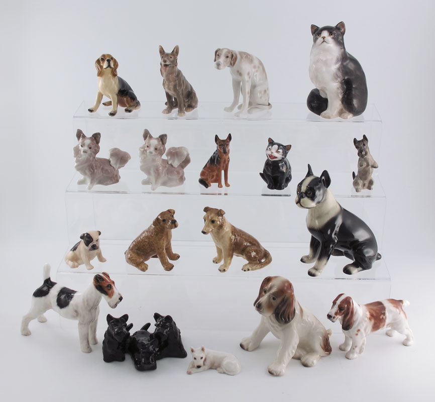 18 PORCELAIN DOG & CAT FIGURINES: To