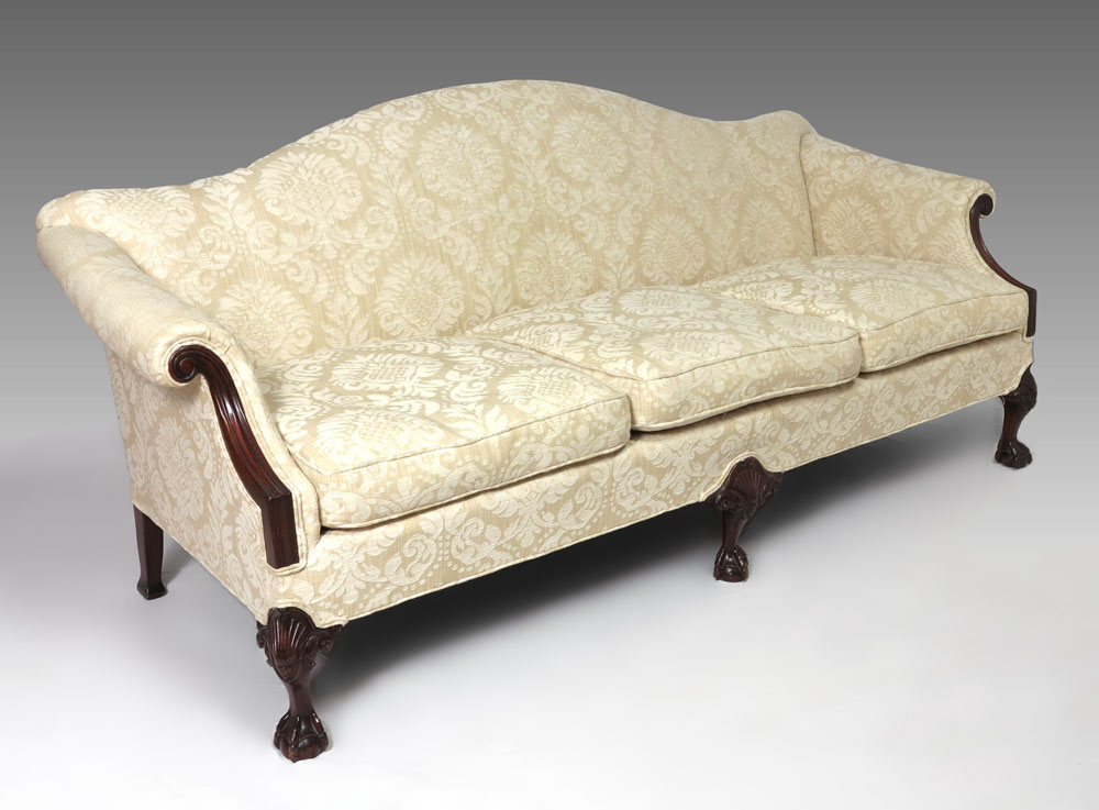 CHIPPENDALE STYLE CAMEL BACK SOFA: