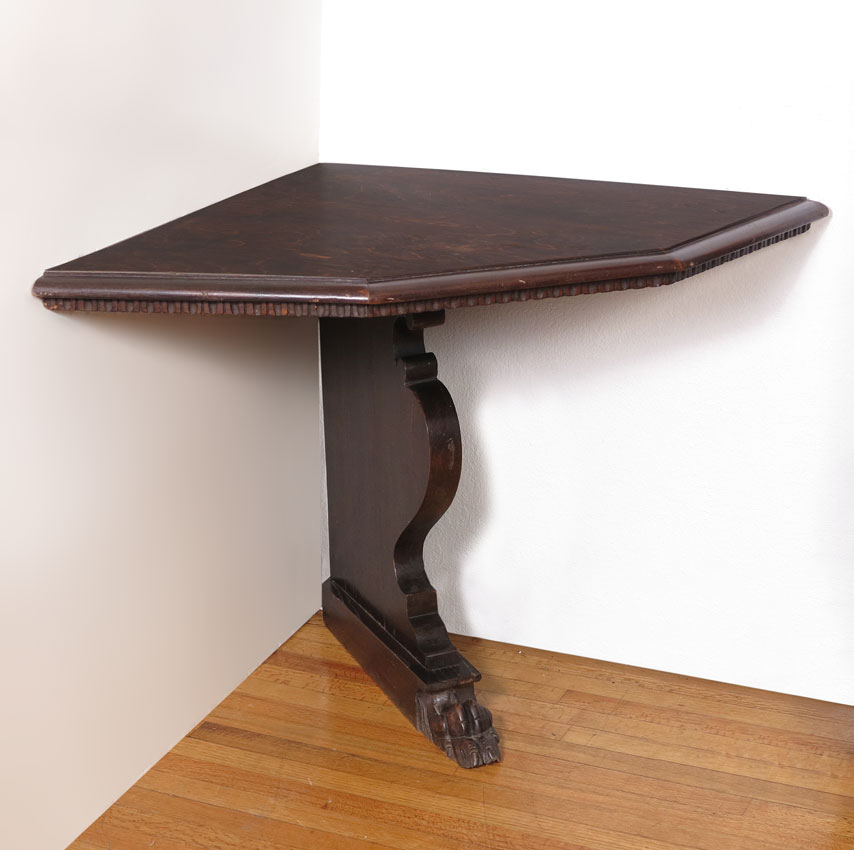 CARVED CORNER TABLE: Shaped top over