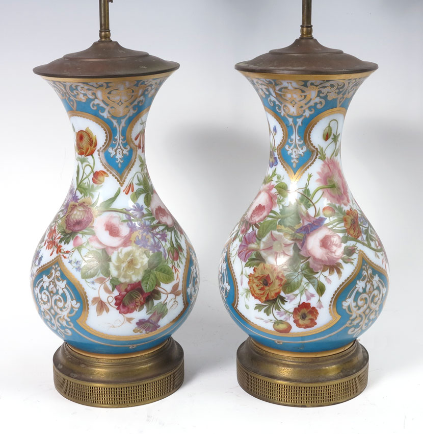 PAIR PAINT DECORATED OPAQUE GLASS