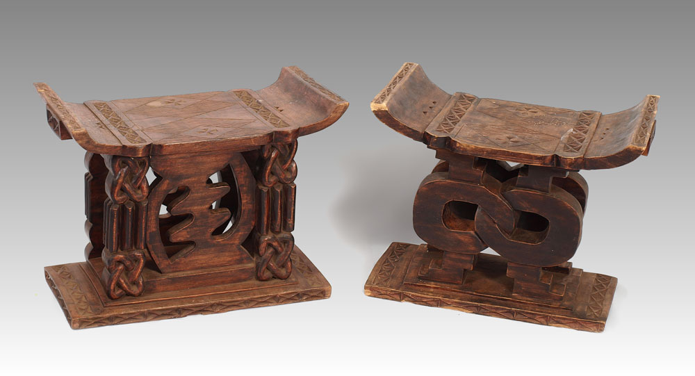 CARVED AFRICAN PAIR OF STOOLS ASHANTI  1461f3