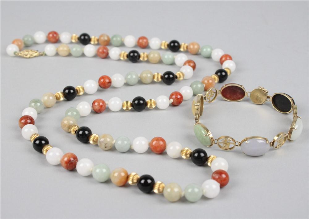 LADY'S JADE AND 14K GOLD BEAD NECKLACE