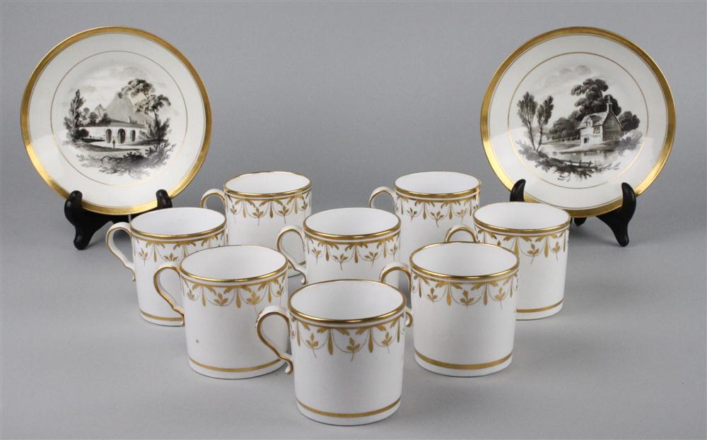 EIGHT ENGLISH GILT AND WHITE COFFEE