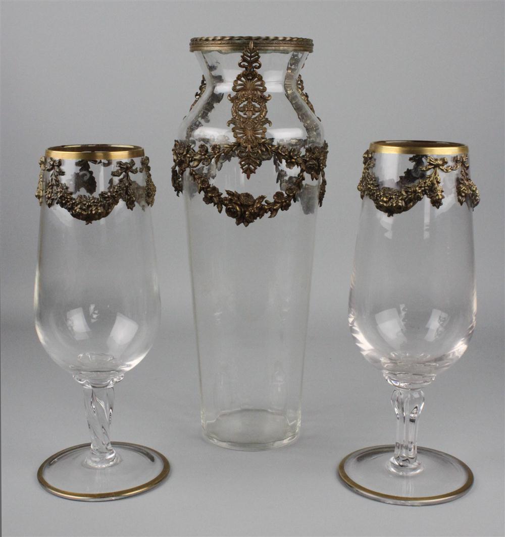 THREE BRASS MOUNTED GLASS VASES